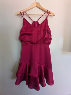 Lulu's Raspberry Double-Strap Ruffle Mini Dress